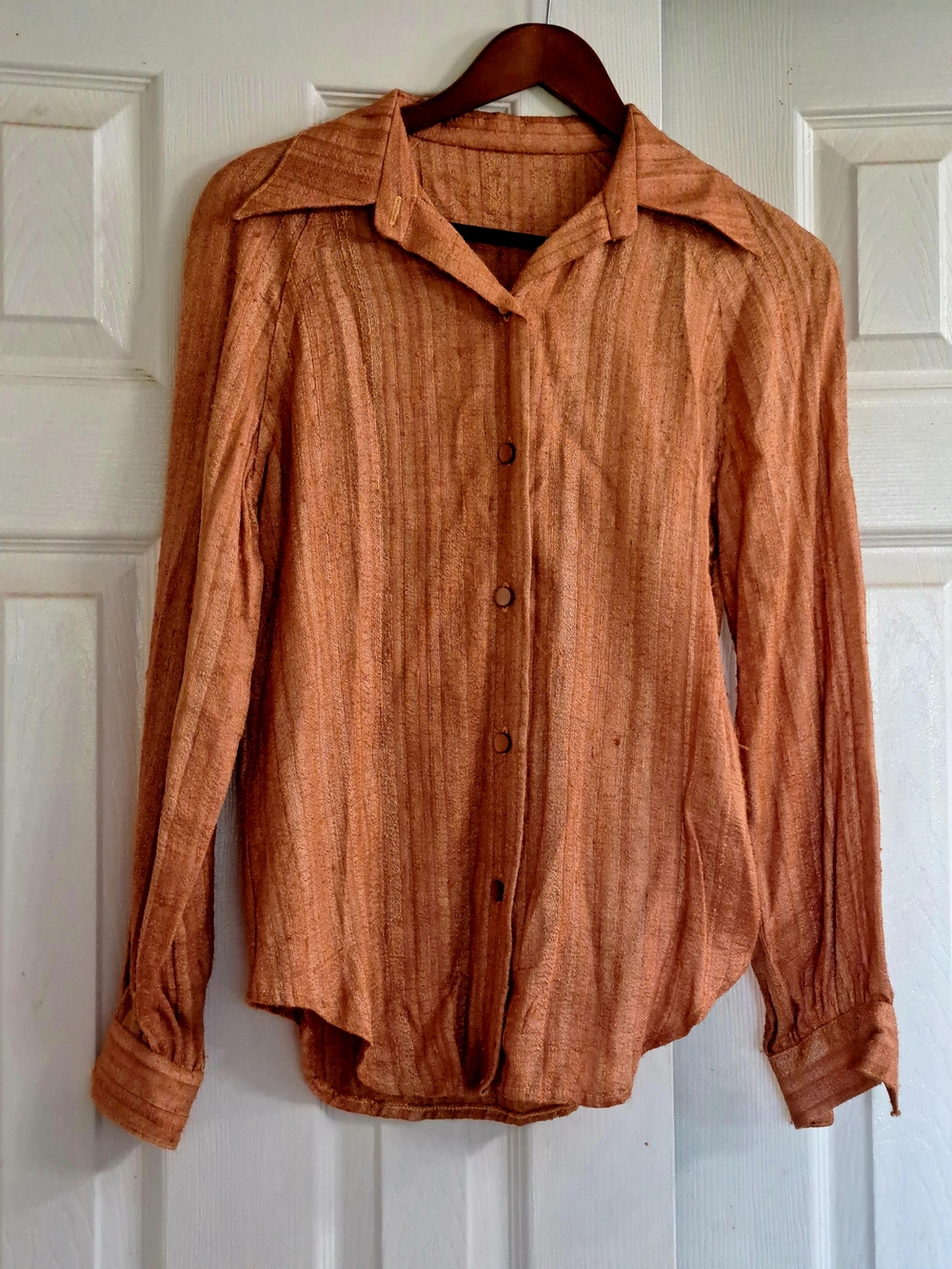 Vintage 70s Silk Slub Handsewn Wide Collar Women's Burnt Umber Button-Down Shirt